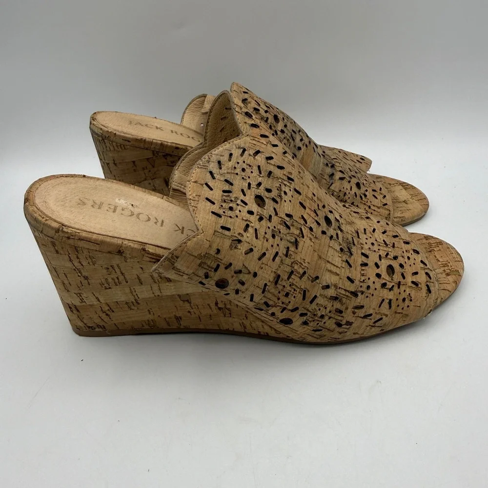 Jack Rogers‎ Wedge Sandals Womens 8 Tan Cork Laser Cut Scalloped Peep Toe Mules